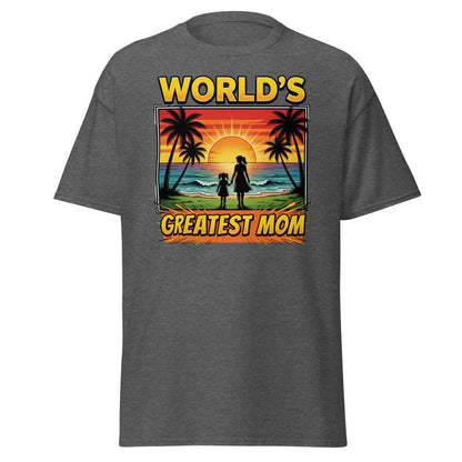World's Greatest Mom T-Shirt - Tropical Sunset Beach Design - Dark Heather - TeeRipple