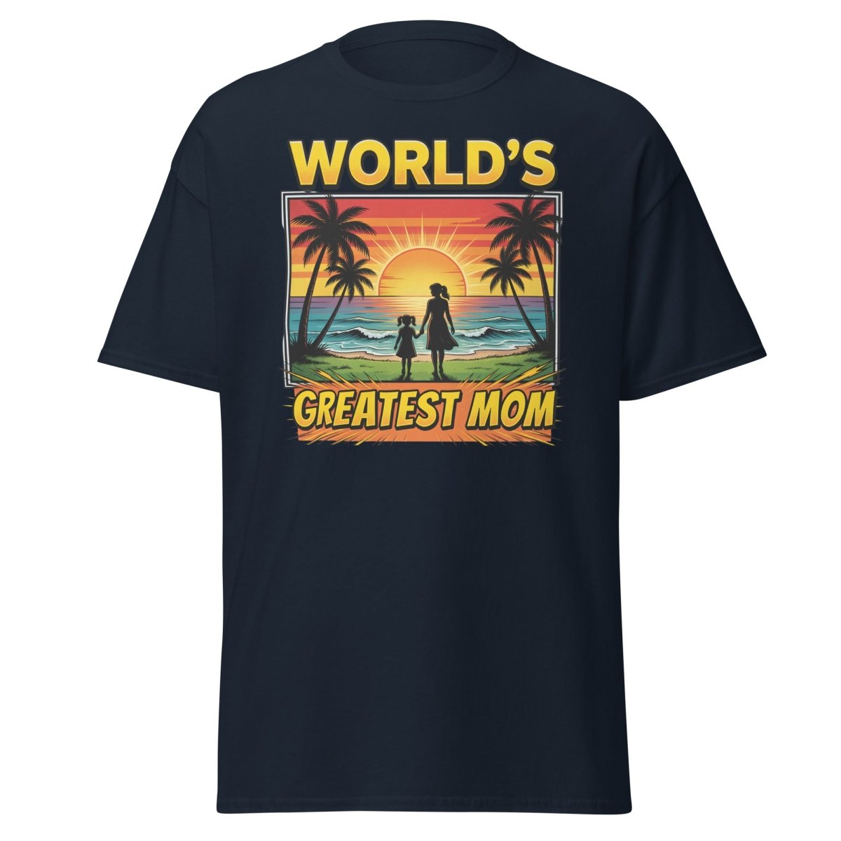World's Greatest Mom T-Shirt - Tropical Sunset Beach Design - Navy - TeeRipple
