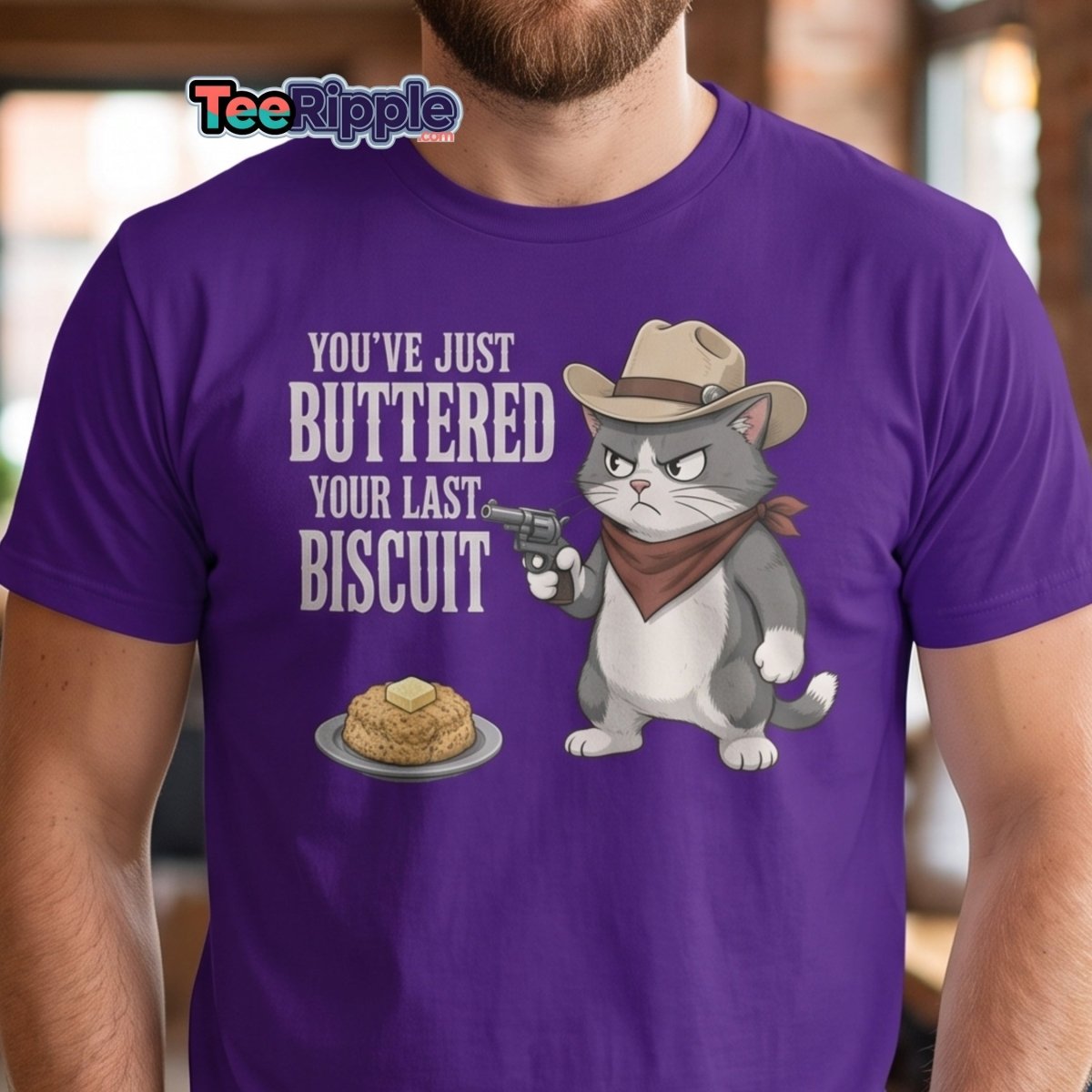 You’ve Just Buttered Your Last Biscuit Cowboy Cat Tee - Maroon - TeeRipple