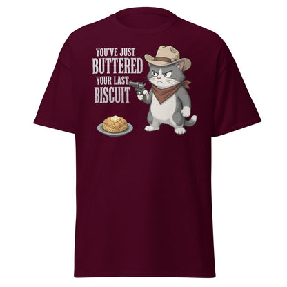 You’ve Just Buttered Your Last Biscuit Cowboy Cat Tee - Maroon - TeeRipple