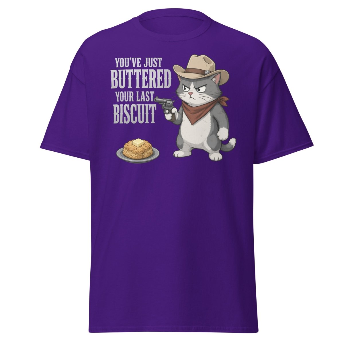 You’ve Just Buttered Your Last Biscuit Cowboy Cat Tee - Purple - TeeRipple